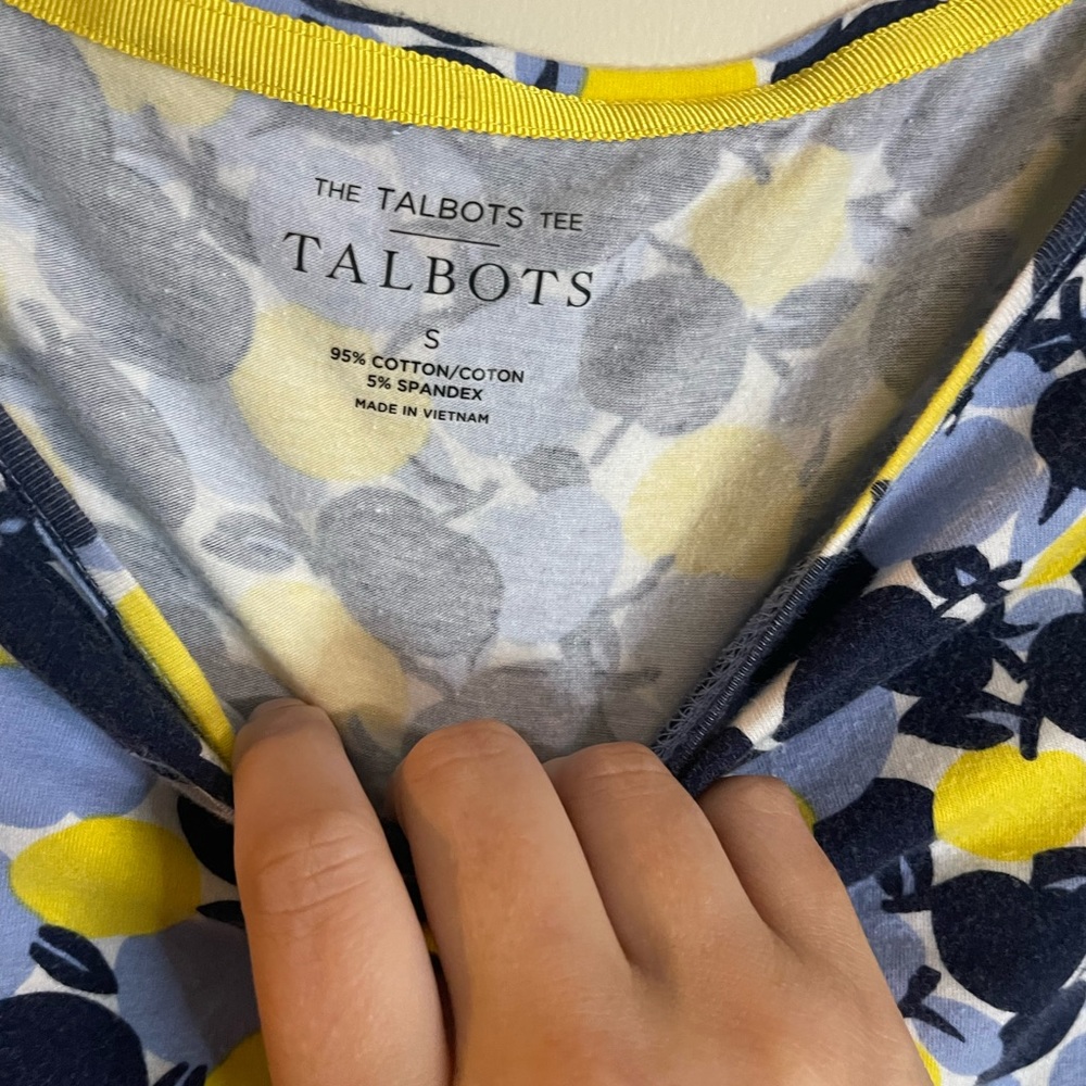 Talbots 3/4 sleeve top.  Blue and yellow.  Good condition.  Size small. - Picture 3 of 3